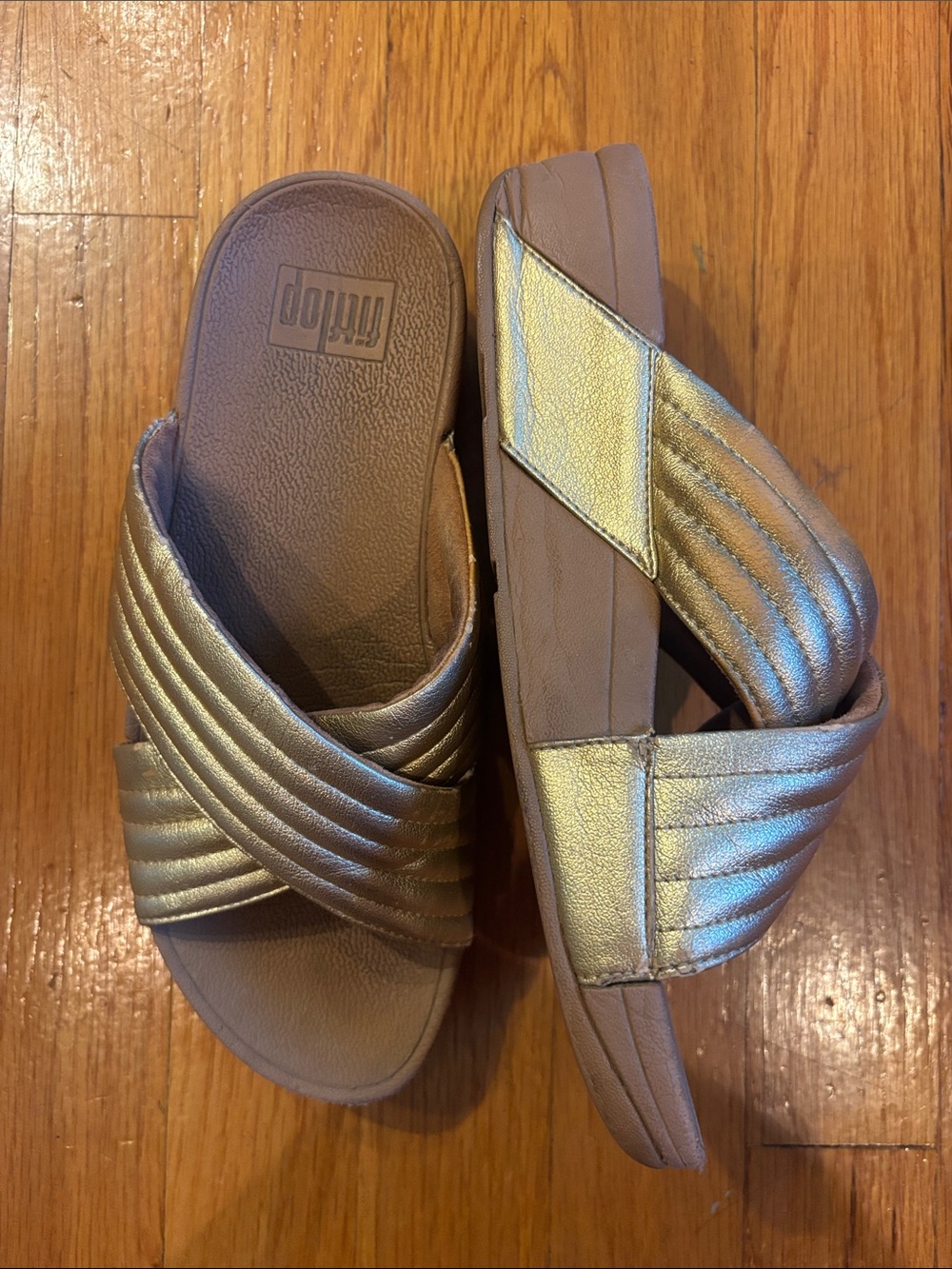 Fitflop Metallic Gold Crossover Slide Sandals Size 6